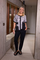 JACQUARD PRINT TOP WITH CONTRAST BAND/POCKETS - Silver/black
