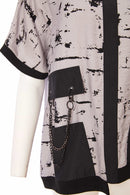 JACQUARD PRINT TOP WITH CONTRAST BAND/POCKETS - Silver/black