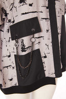 JACQUARD PRINT TOP WITH CONTRAST BAND/POCKETS - Silver/black