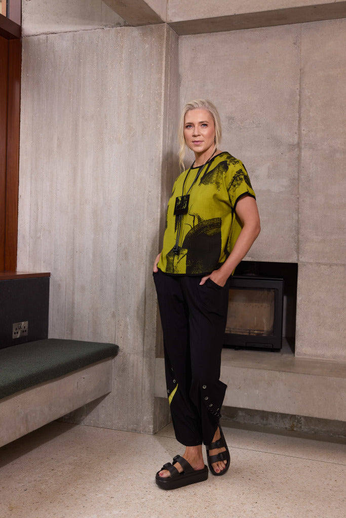 Button Trim Detail Pull Up Trouser - Black/lime