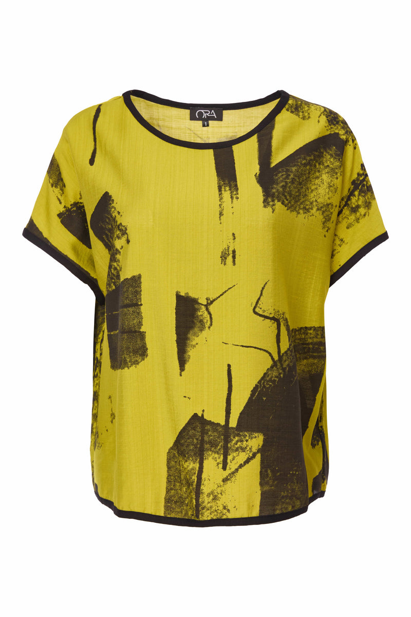 Contrast Blurred Block Print Top - Black/olive