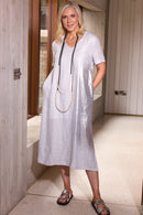 Metalic Over Print V Neck Dress - Silver