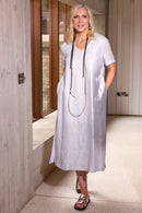 Metalic Over Print V Neck Dress - Silver