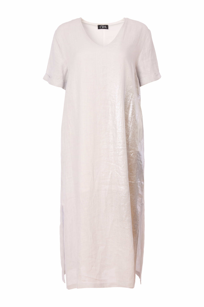 Metalic Over Print V Neck Dress - Silver