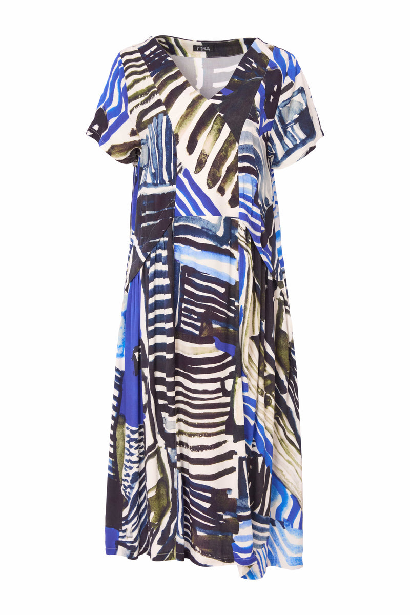 Geometrical Print V Neck Dress - Royal