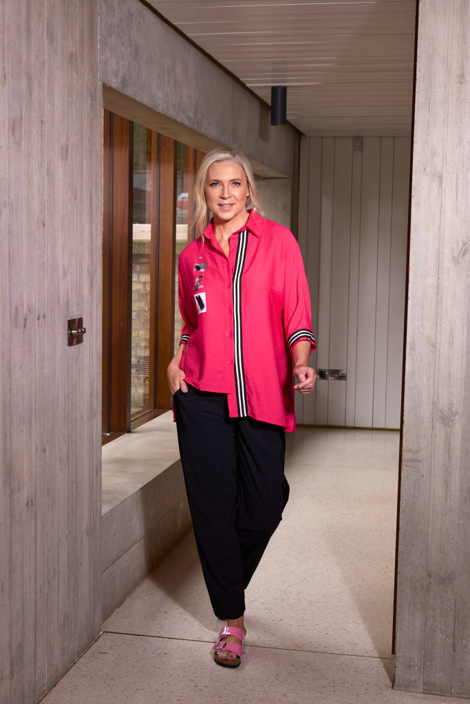 Stripe Trim Placement Print Shirt - Azalra Pink