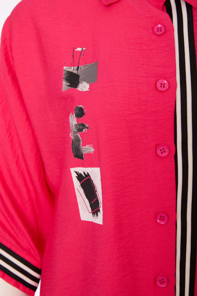 Stripe Trim Placement Print Shirt - Azalra Pink