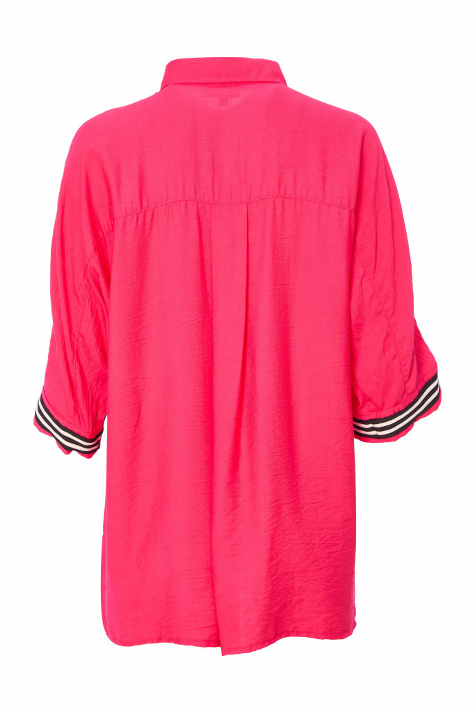 Stripe Trim Placement Print Shirt - Azalra Pink