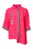 Stripe Trim Placement Print Shirt - Azalra Pink