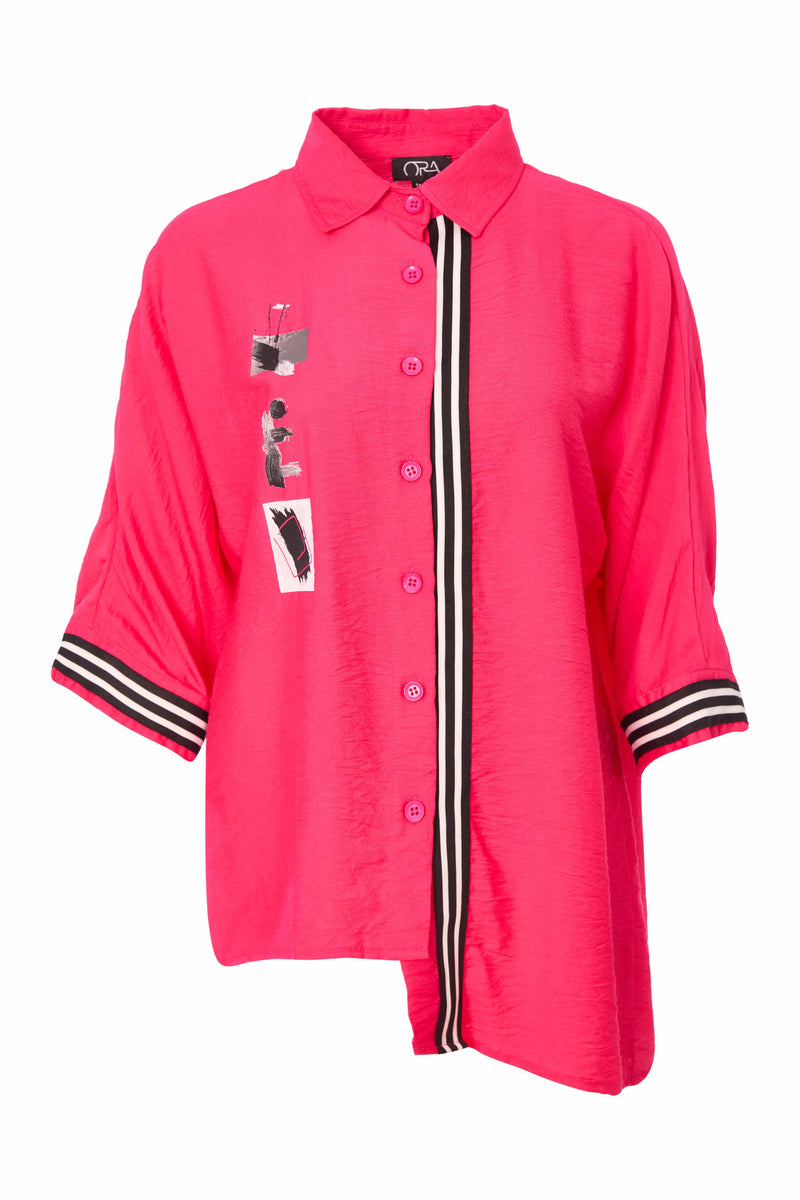 Stripe Trim Placement Print Shirt - Azalra Pink