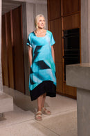 Contrast Hemband Blurred Print Dress - Ocean Blue