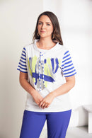 Drawstring Neck Placement Print Top - White & Locline