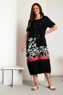 Print Panels Round Neck Dress - Black & Pink