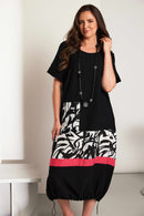 Print Panels Round Neck Dress - Black & Pink