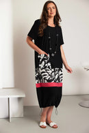 Print Panels Round Neck Dress - Black & Pink