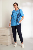 Front Wrapover Placement Print Top - Vivid Blue