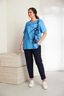 Front Wrapover Placement Print Top - Vivid Blue