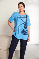Front Wrapover Placement Print Top - Vivid Blue