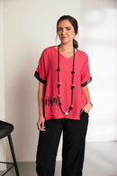 Placement Feather Print V Neck Top - Pink
