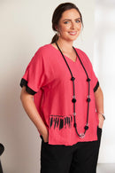 Placement Feather Print V Neck Top - Pink