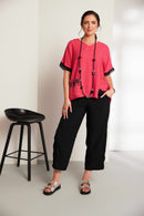 Placement Feather Print V Neck Top - Pink