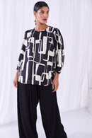 Elasticated Cuff Print Top - Black/cream