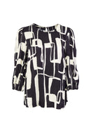 Elasticated Cuff Print Top - Black/cream