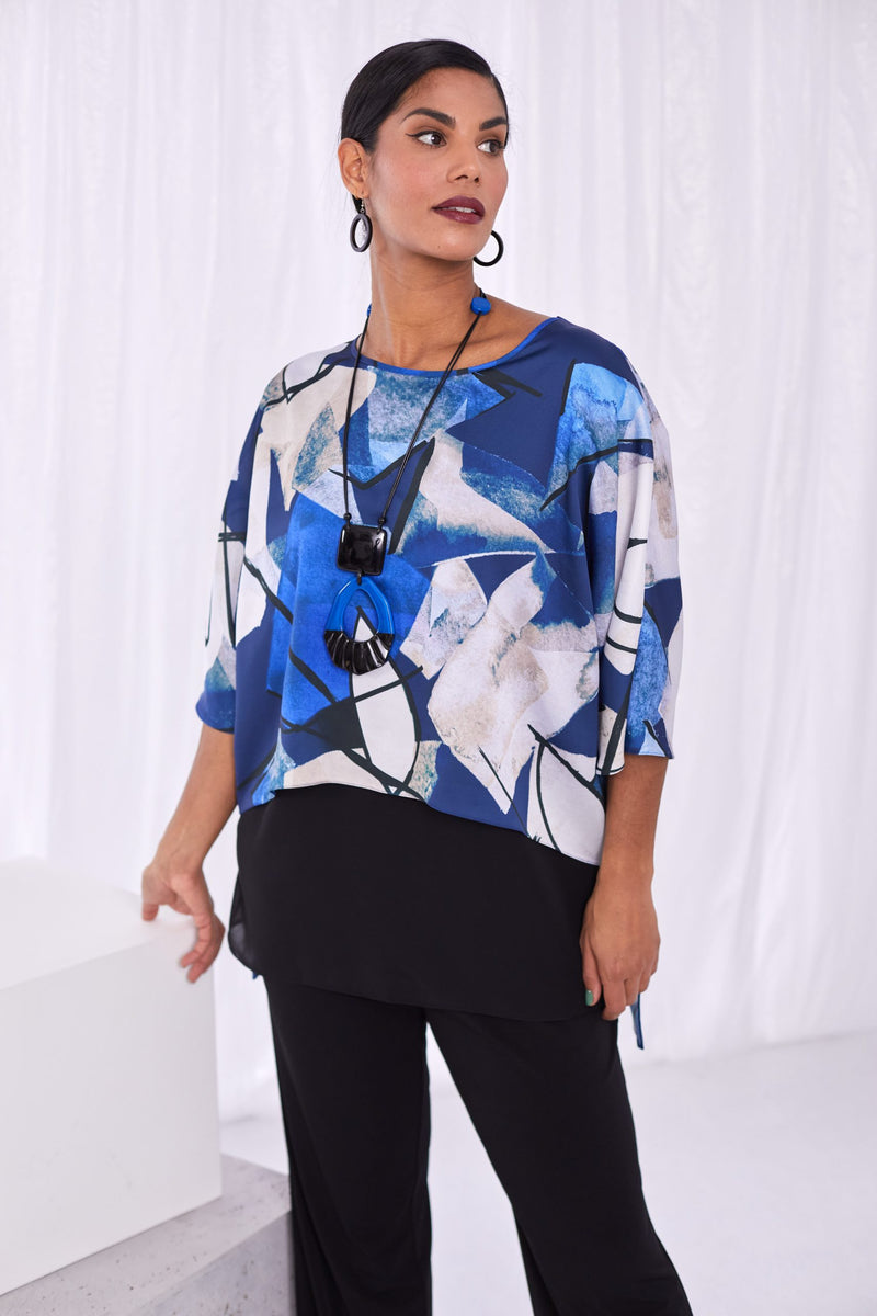 Chiffon Hempanel Print Top - Black/royal