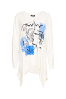 Curved Hem Placement Print Top - White/royal