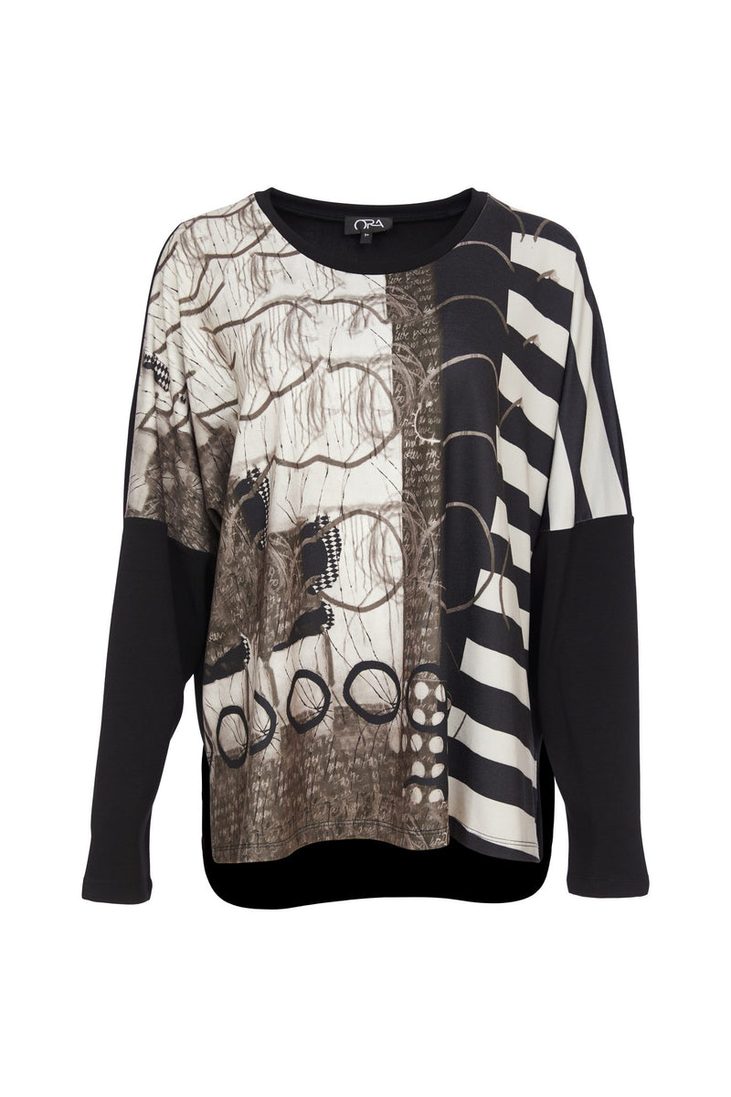 Side Stripe Print Top - Black/sand