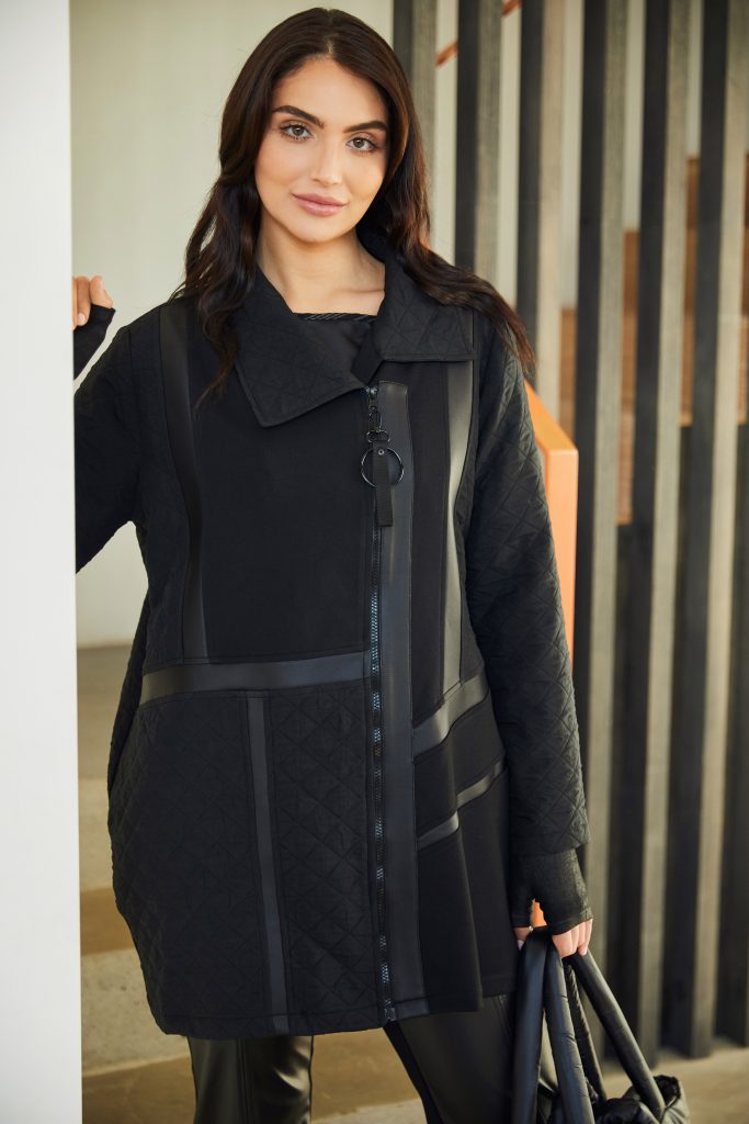 Contrast Panel Quilted Coat - Black