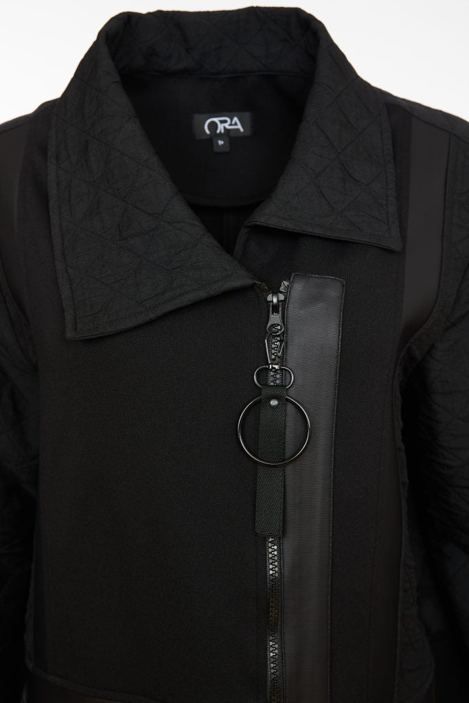 Contrast Panel Quilted Coat - Black