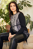 PRINT ANGLE HEM TOP CONTRAST HEM/SLEEVE/BACK - Black/grey