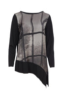 PRINT ANGLE HEM TOP CONTRAST HEM/SLEEVE/BACK - Black/grey