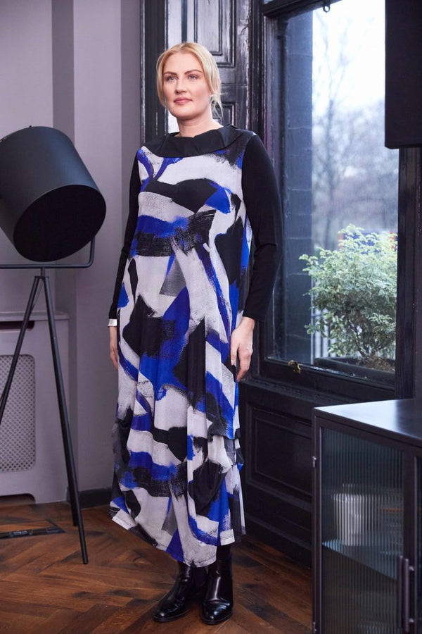 Mesh Print Dress - Lapis/black