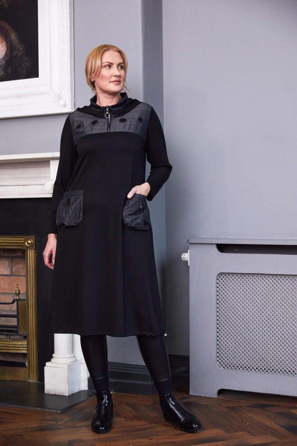 Hooded Dress With Zip - Black/grey