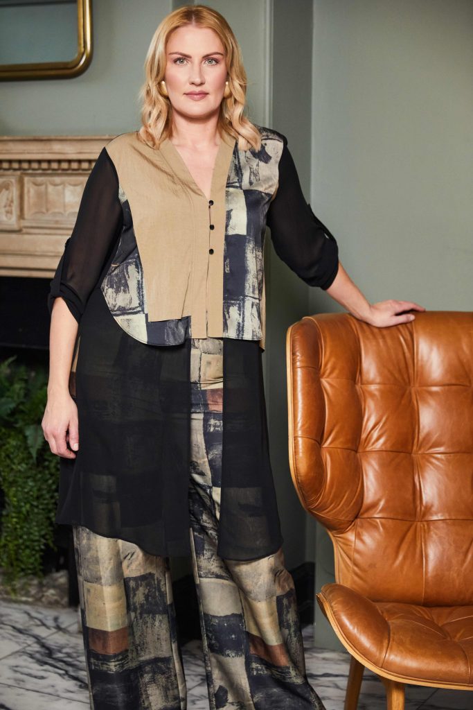 Print Jacket With Chiffon Hemline - Champagne Beige