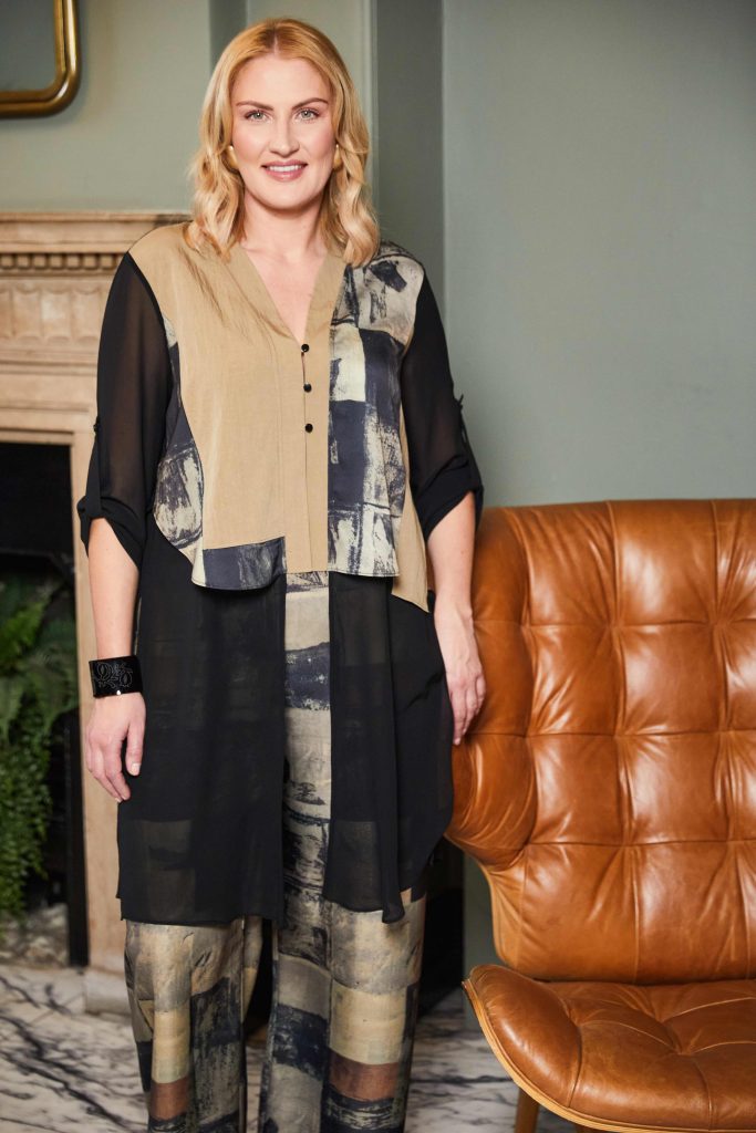 Wide Leg Print Pull up Trousers - Champagne Beige