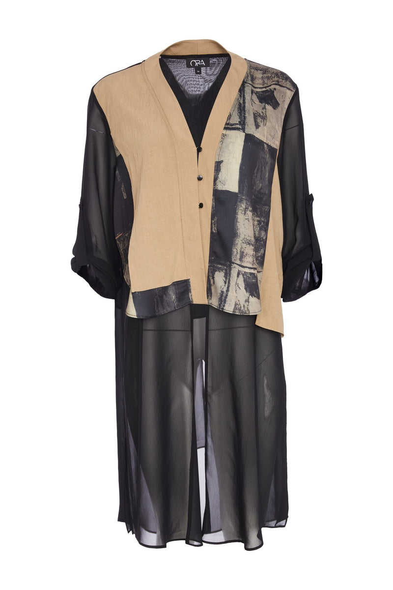 Print Jacket With Chiffon Hemline - Champagne Beige