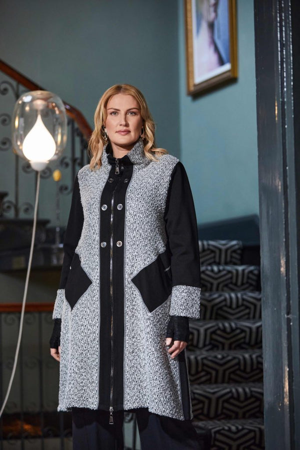 High Neck Wool Mix Coat - Black/white