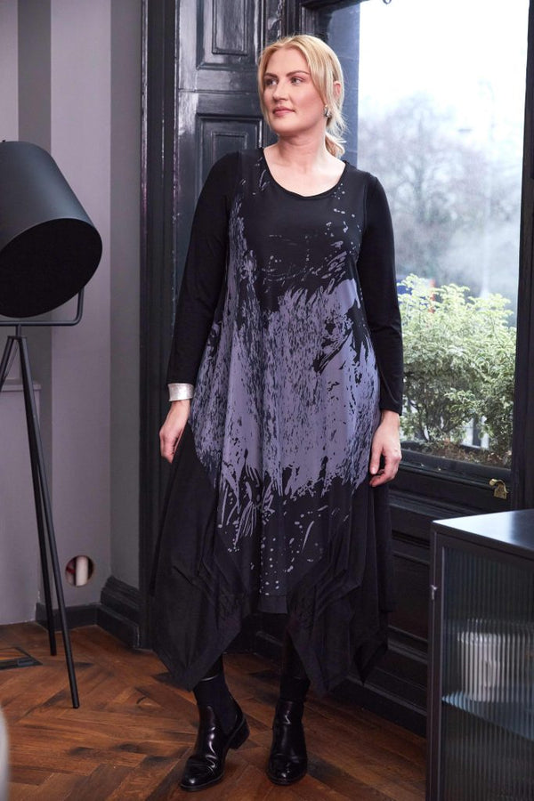 Soft Mesh Print Round Neck Dress - Grey