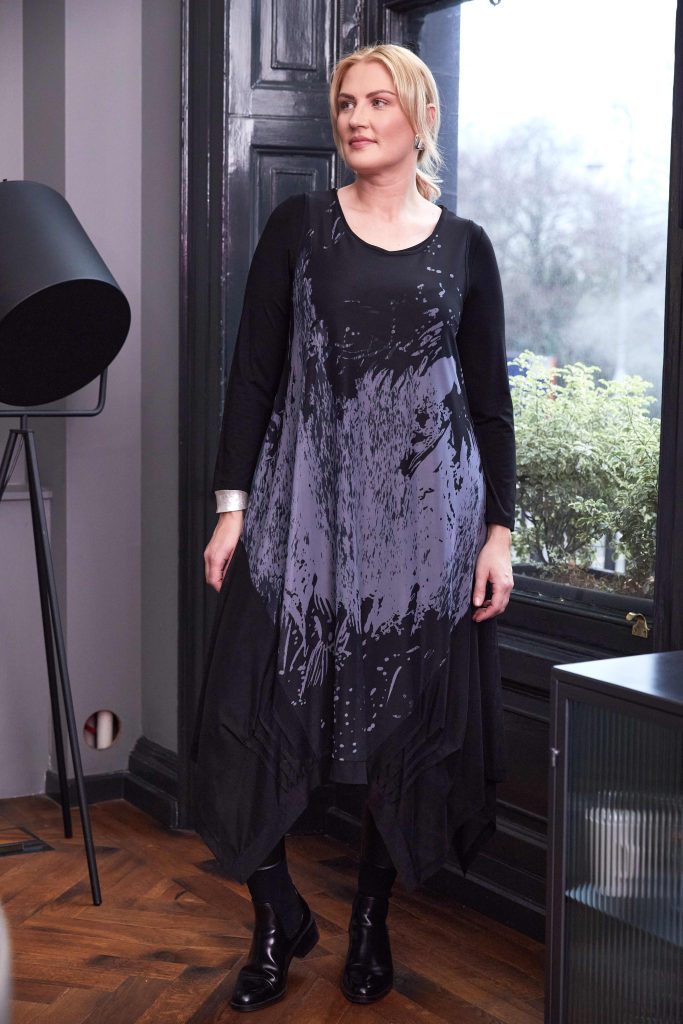 Soft Mesh Print Round Neck Dress - Grey