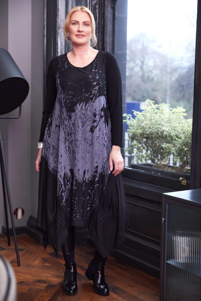 Soft Mesh Print Round Neck Dress - Grey