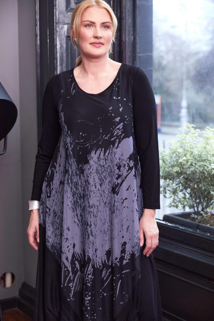 Soft Mesh Print Round Neck Dress - Grey