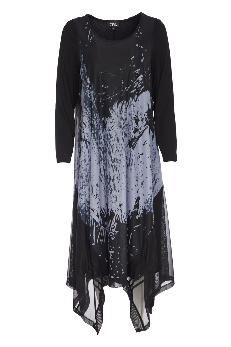 Soft Mesh Print Round Neck Dress - Grey