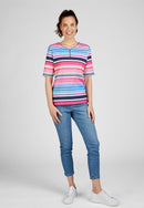 Blossom Up Zip Collar T-Shirt - Magenta