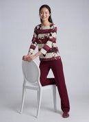 3/4 Sleeve Print Shirt - Merlot