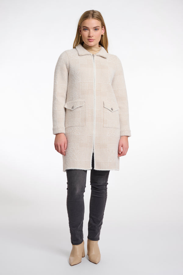 Long Zipped Cardigan - Stone Check