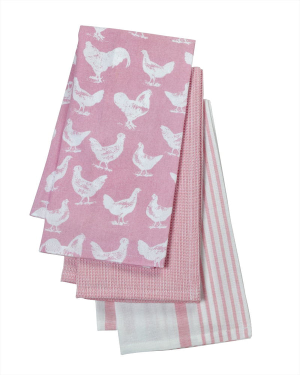 The Pantry Set of 3 Hen & Cockerel Tea Towels - Pink