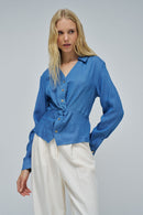 Front Knot Denim Blouse - Blue